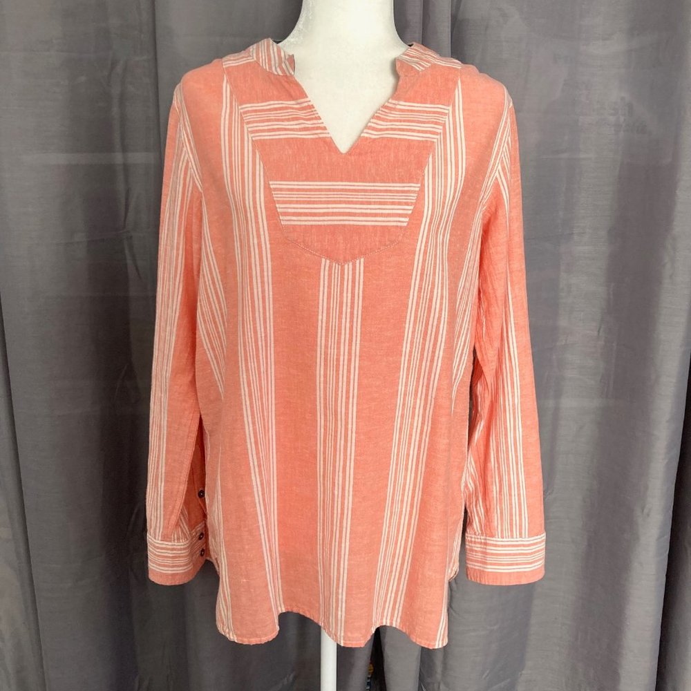 Natural Reflections Cotton Linen Striped Top Orange White Roll Tab Sleeves LARGE